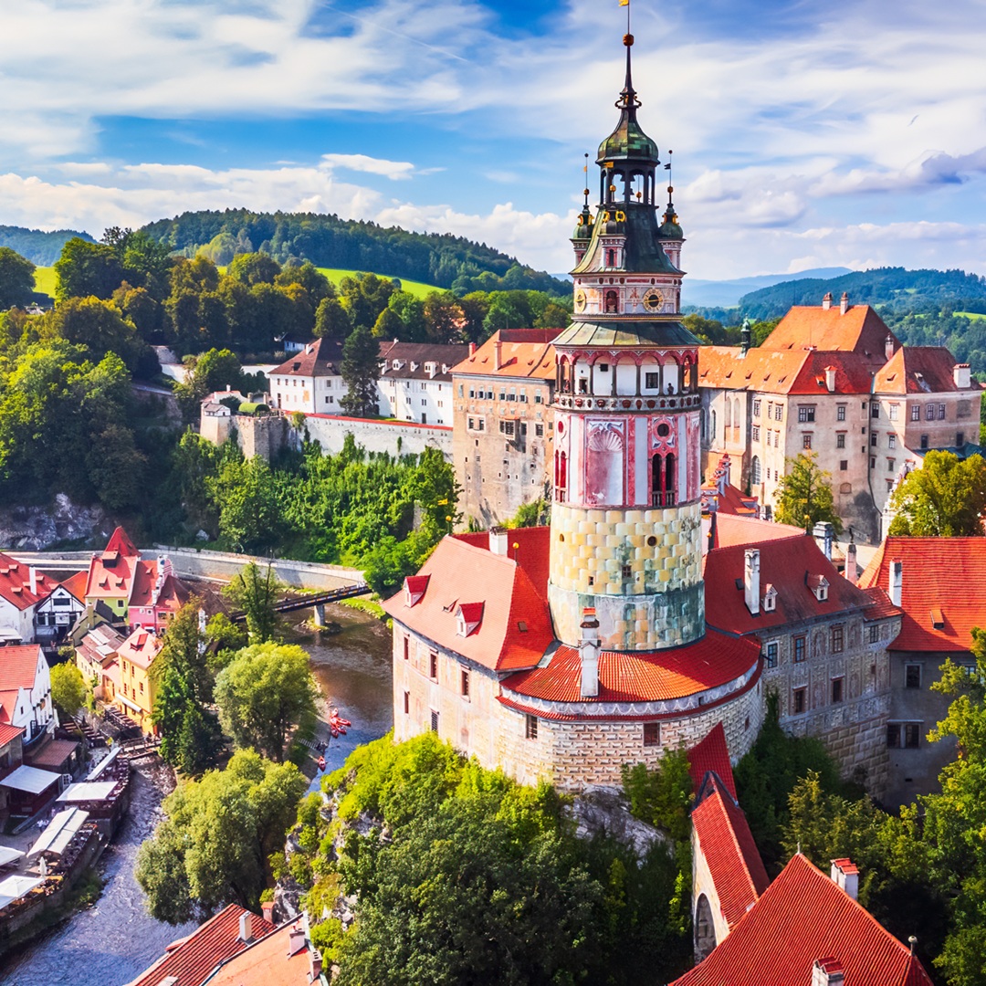 Cesky Krumlov, Czech Republic - Drone view of old town in Bohemia